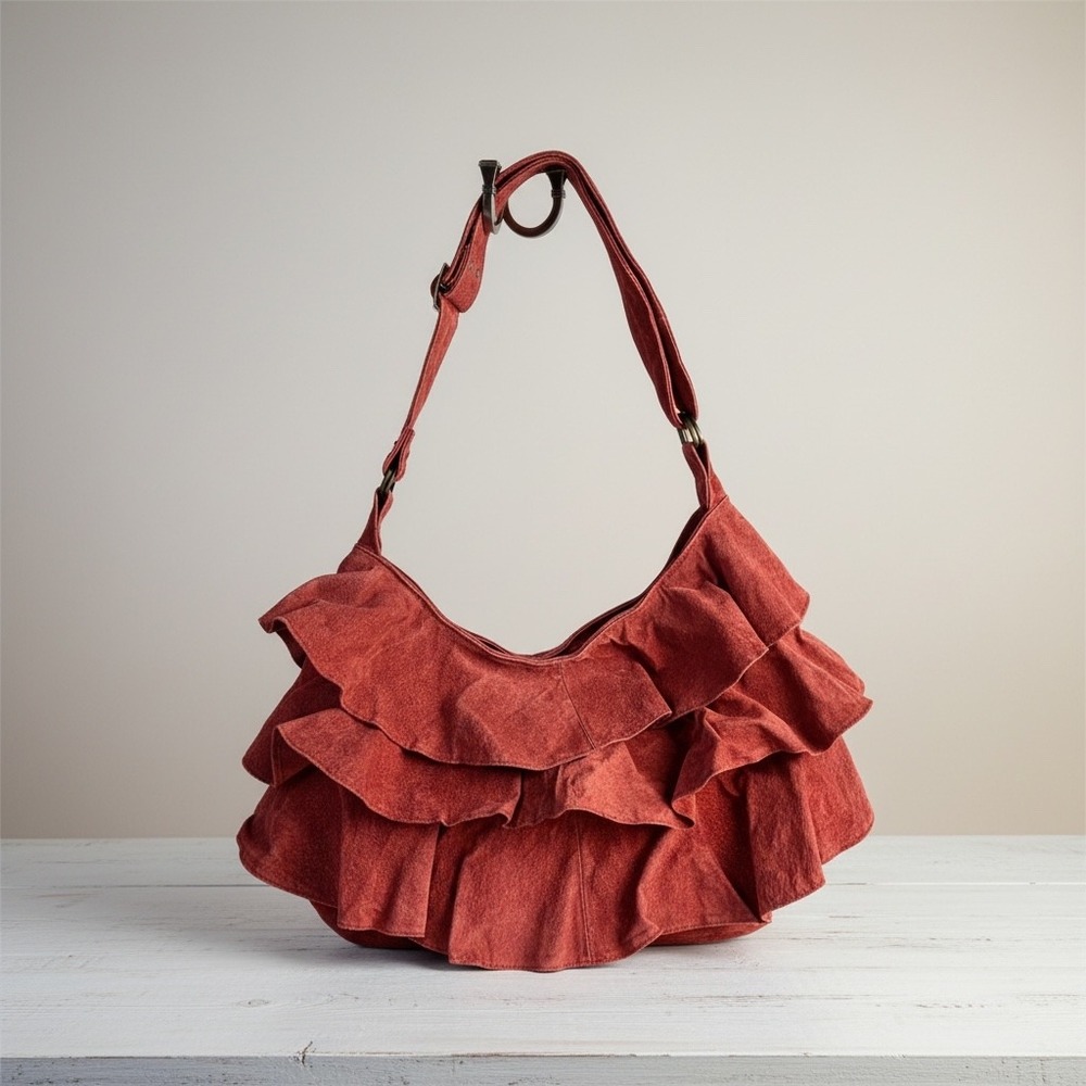 Burnt Orange Pink Vintage Hobo Bag Lizden Genuine Suede Leather Ruffles Western